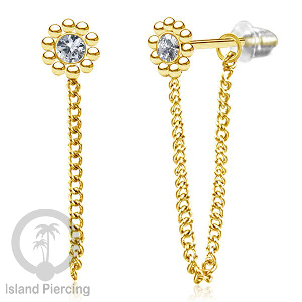 Anting Stud Stainless motif bunga warna Gold dengan rantai dan variasi batu, Steel Ear Studs with Stone
