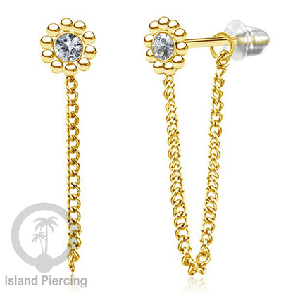 Anting Stud Stainless motif bunga warna Gold dengan rantai dan variasi batu, Steel Ear Studs with Stone