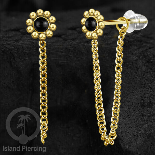 Anting Stud Stainless motif bunga warna Gold dengan rantai dan variasi batu, Steel Ear Studs with Stone