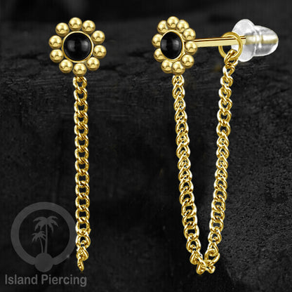Anting Stud Stainless motif bunga warna Gold dengan rantai dan variasi batu, Steel Ear Studs with Stone