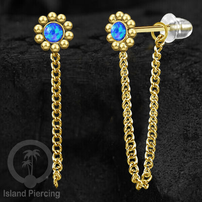 Anting Stud Stainless motif bunga warna Gold dengan rantai dan variasi batu, Steel Ear Studs with Stone