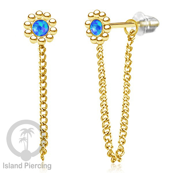 Anting Stud Stainless motif bunga warna Gold dengan rantai dan variasi batu, Steel Ear Studs with Stone