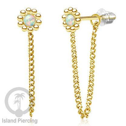 Anting Stud Stainless motif bunga warna Gold dengan rantai dan variasi batu, Steel Ear Studs with Stone