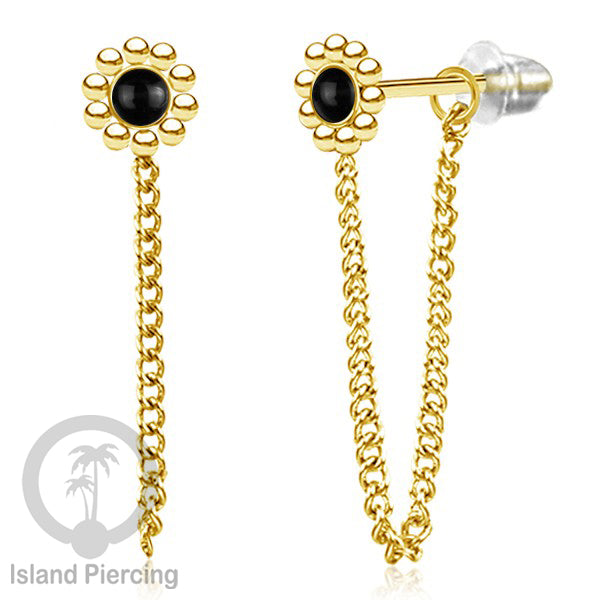 Anting Stud Stainless motif bunga warna Gold dengan rantai dan variasi batu, Steel Ear Studs with Stone