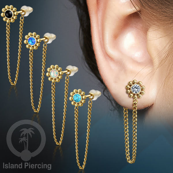 Anting Stud Stainless motif bunga warna Gold dengan rantai dan variasi batu, Steel Ear Studs with Stone