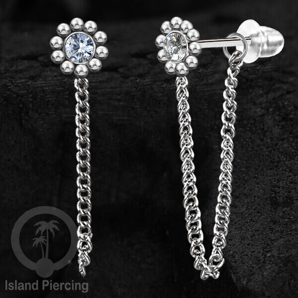 Anting Stud Stainless motif bunga warna Silver dengan rantai dan variasi batu, Steel Ear Studs with Stone