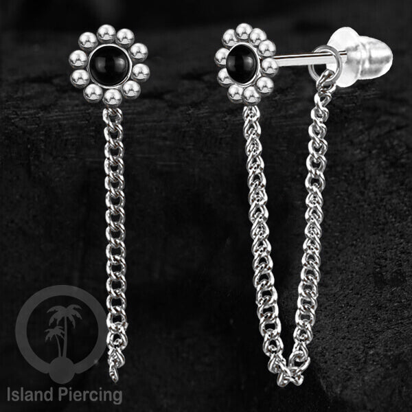 Anting Stud Stainless motif bunga warna Silver dengan rantai dan variasi batu, Steel Ear Studs with Stone