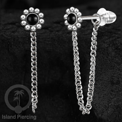 Anting Stud Stainless motif bunga warna Silver dengan rantai dan variasi batu, Steel Ear Studs with Stone