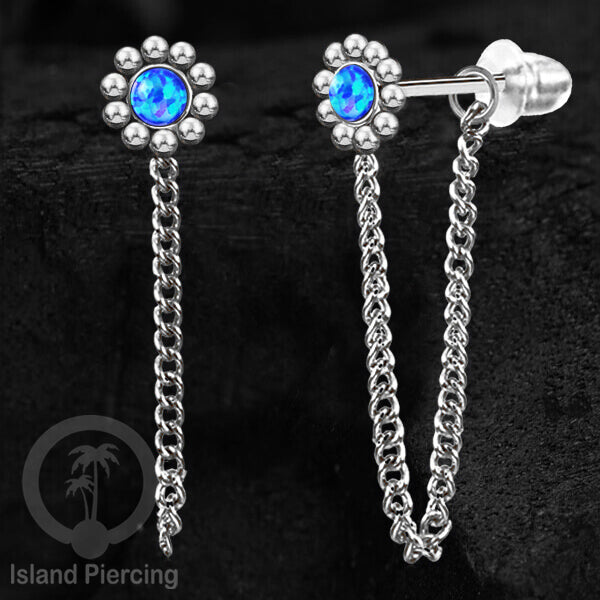 Anting Stud Stainless motif bunga warna Silver dengan rantai dan variasi batu, Steel Ear Studs with Stone