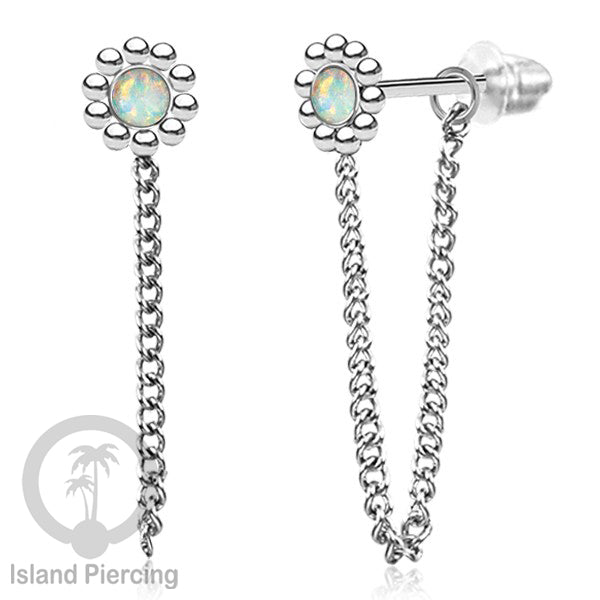 Anting Stud Stainless motif bunga warna Silver dengan rantai dan variasi batu, Steel Ear Studs with Stone