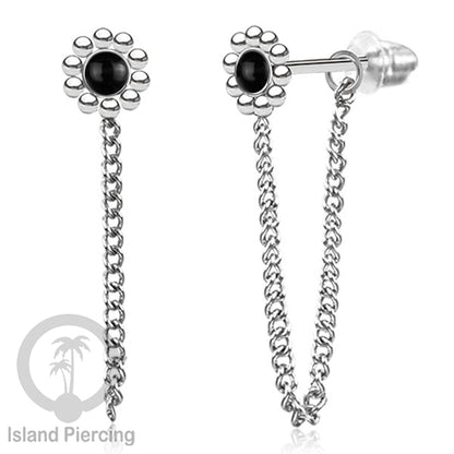 Anting Stud Stainless motif bunga warna Silver dengan rantai dan variasi batu, Steel Ear Studs with Stone