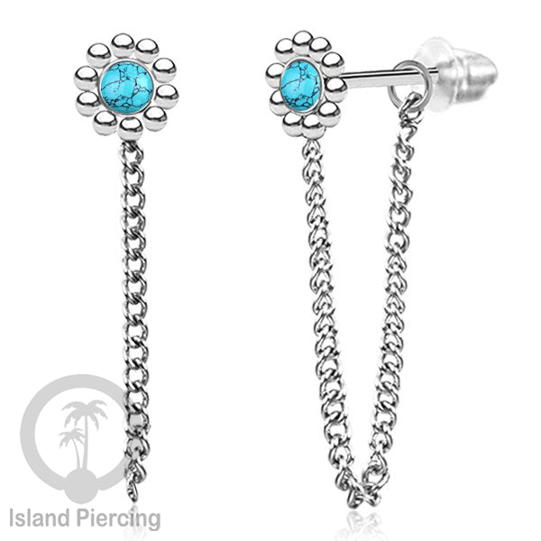 Anting Stud Stainless motif bunga warna Silver dengan rantai dan variasi batu, Steel Ear Studs with Stone