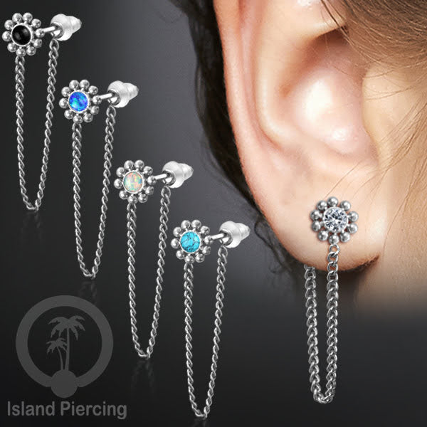 Anting Stud Stainless motif bunga warna Silver dengan rantai dan variasi batu, Steel Ear Studs with Stone