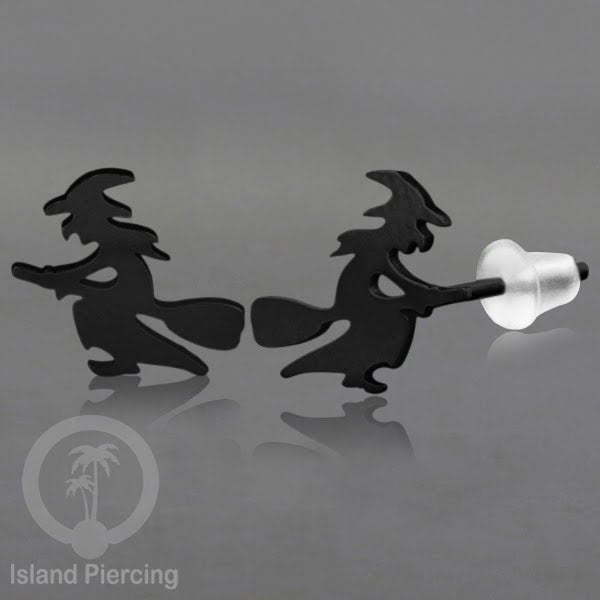 Anting Stud Stainless warna hitam design serum Halloween model Tengkorak, Peti, Sihir