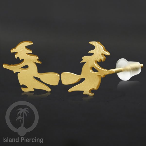 Anting Stud Stainless warna gold design serum Halloween model Tengkorak, Peti, Sihir