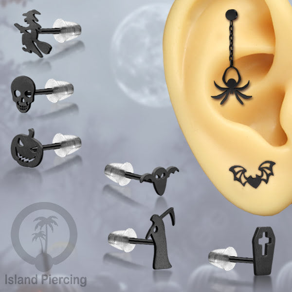 Anting Stud Stainless warna hitam design serum Halloween model Tengkorak, Peti, Sihir