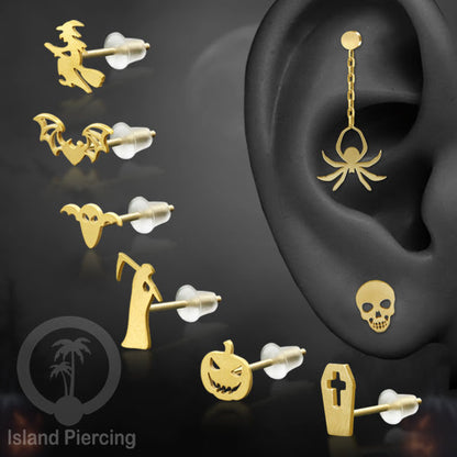 Anting Stud Stainless warna gold design serum Halloween model Tengkorak, Peti, Sihir