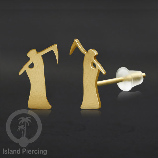 Anting Stud Stainless warna gold design serum Halloween model Tengkorak, Peti, Sihir
