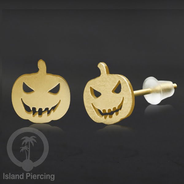 Anting Stud Stainless warna gold design serum Halloween model Tengkorak, Peti, Sihir