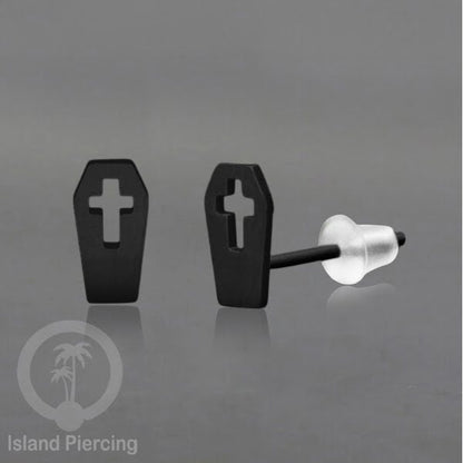 Anting Stud Stainless warna hitam design serum Halloween model Tengkorak, Peti, Sihir