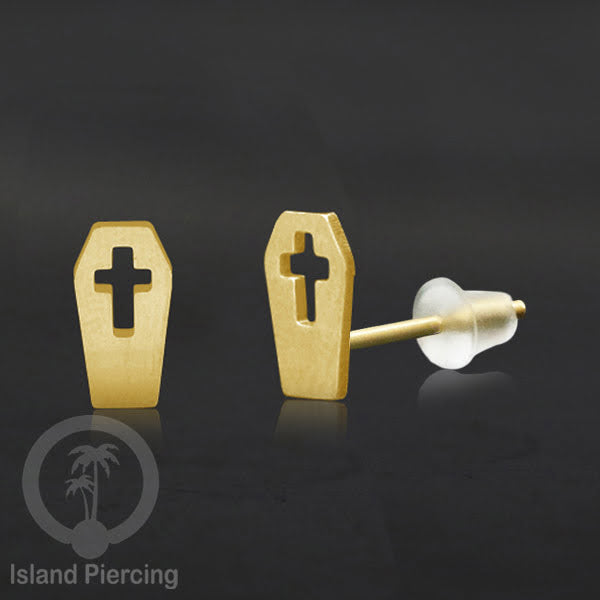 Anting Stud Stainless warna gold design serum Halloween model Tengkorak, Peti, Sihir