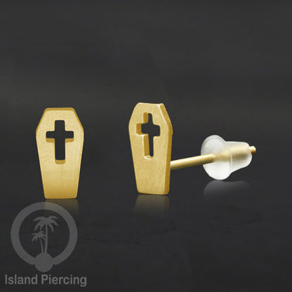 Anting Stud Stainless warna gold design serum Halloween model Tengkorak, Peti, Sihir