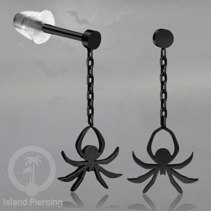 Anting Stud Stainless warna hitam design serum Halloween model Tengkorak, Peti, Sihir