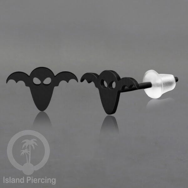 Anting Stud Stainless warna hitam design serum Halloween model Tengkorak, Peti, Sihir