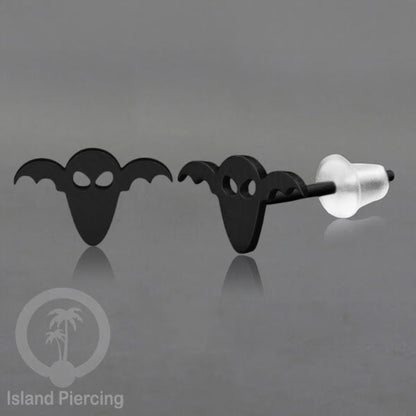 Anting Stud Stainless warna hitam design serum Halloween model Tengkorak, Peti, Sihir