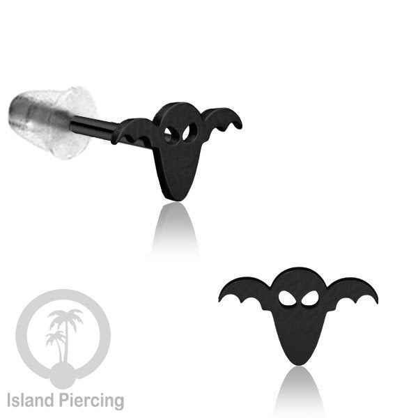 Anting Stud Stainless warna hitam design serum Halloween model Tengkorak, Peti, Sihir