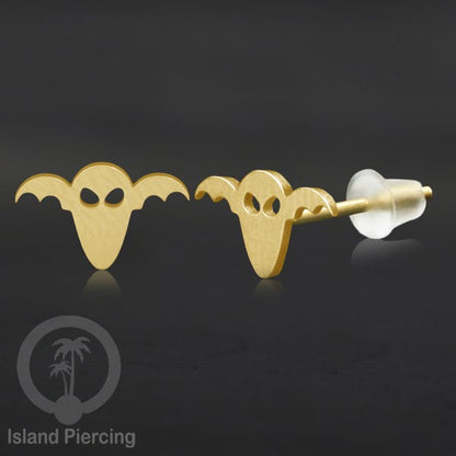 Anting Stud Stainless warna gold design serum Halloween model Tengkorak, Peti, Sihir