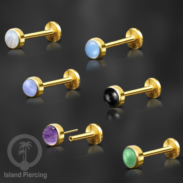 Tindik labret push system stainless, threadless piercing warna gold, batu asli pilihan besar