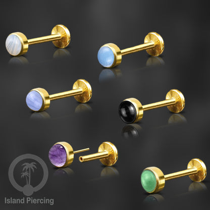 Tindik labret push system stainless, threadless piercing warna gold, batu asli pilihan besar