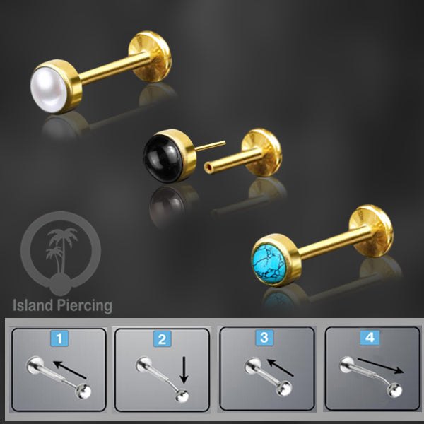 Tindik labret push system, threadless piercing warna gold dengan banyak variasi batu