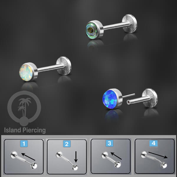 Tindik labret push system stainless, threadless piercing warna silver dengan abelone, opal putih dan biru.