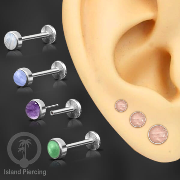 Tindik labret push system stainless, threadless piercing warna silver, batu asli pilihan besar