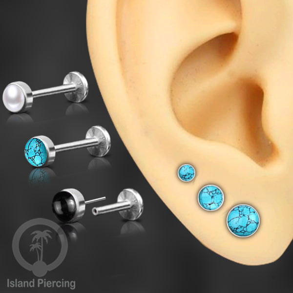 Tindik labret push system, threadless piercing warna silver dengan banyak variasi batu