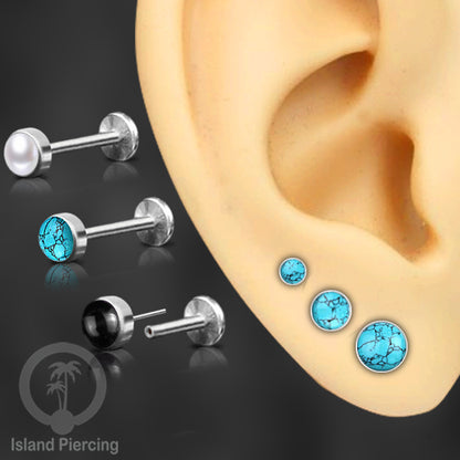 Tindik labret push system, threadless piercing warna silver dengan banyak variasi batu