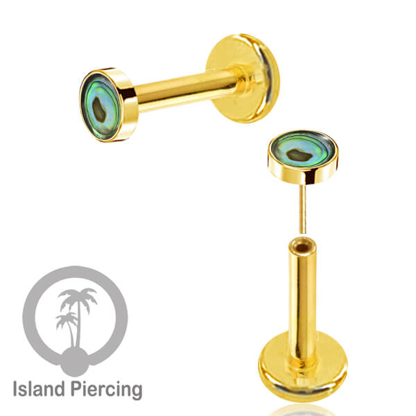 Tindik labret push system stainless, threadless piercing warna gold dengan abelone, opal putih dan biru.