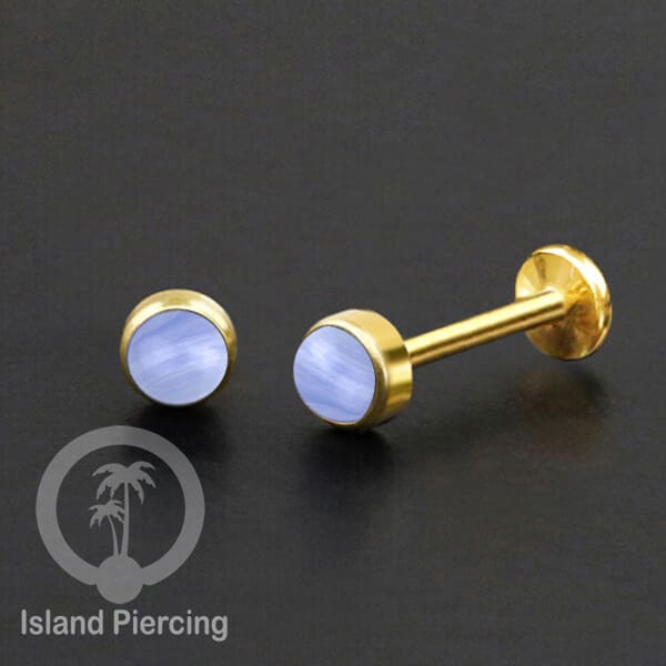 Tindik labret push system stainless, threadless piercing warna gold, batu asli pilihan besar