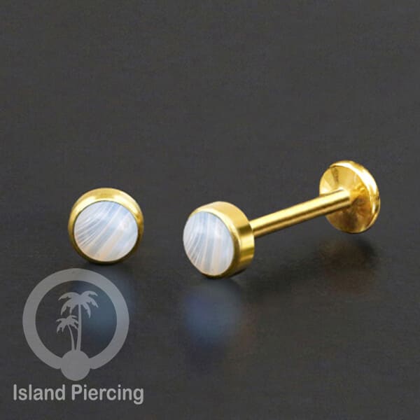 Tindik labret push system stainless, threadless piercing warna gold, batu asli pilihan besar