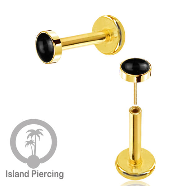 Tindik labret push system, threadless piercing warna gold dengan banyak variasi batu