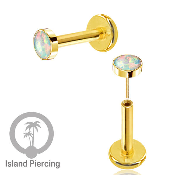Tindik labret push system stainless, threadless piercing warna gold dengan abelone, opal putih dan biru.