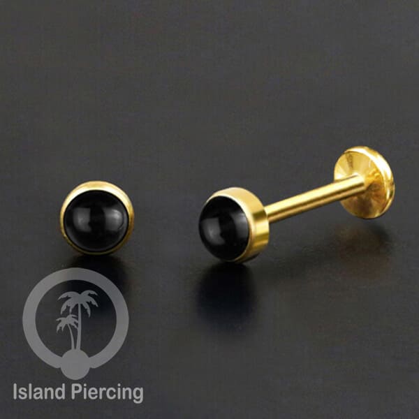 Tindik labret push system, threadless piercing warna gold dengan banyak variasi batu