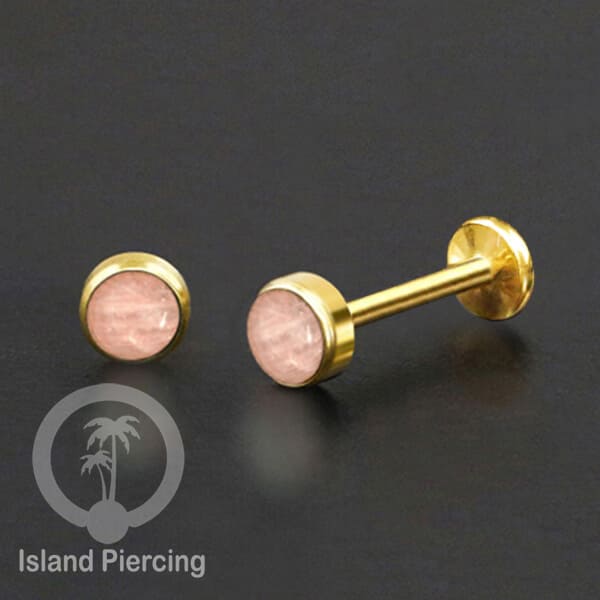 Tindik labret push system stainless, threadless piercing warna gold, batu asli pilihan besar