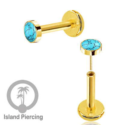 Tindik labret push system, threadless piercing warna gold dengan banyak variasi batu