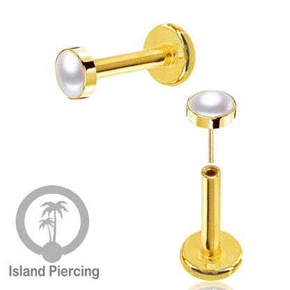 Tindik labret push system, threadless piercing warna gold dengan banyak variasi batu