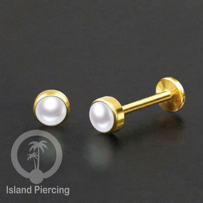 Tindik labret push system, threadless piercing warna gold dengan banyak variasi batu