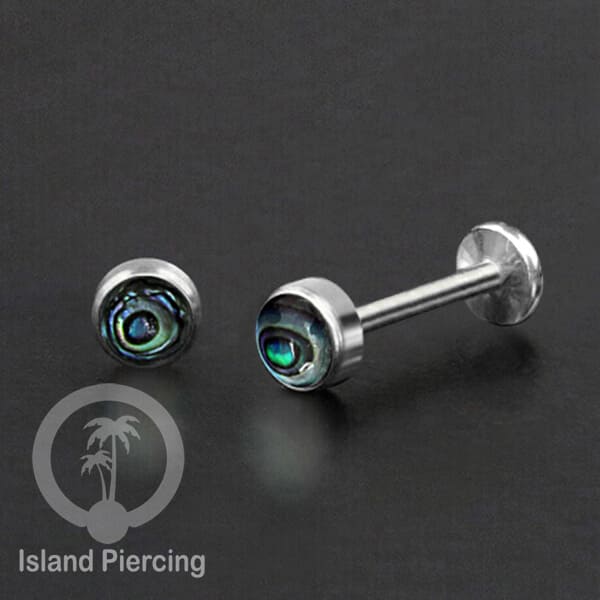 Tindik labret push system stainless, threadless piercing warna silver dengan abelone, opal putih dan biru.