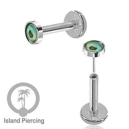 Tindik labret push system stainless, threadless piercing warna silver dengan abelone, opal putih dan biru.